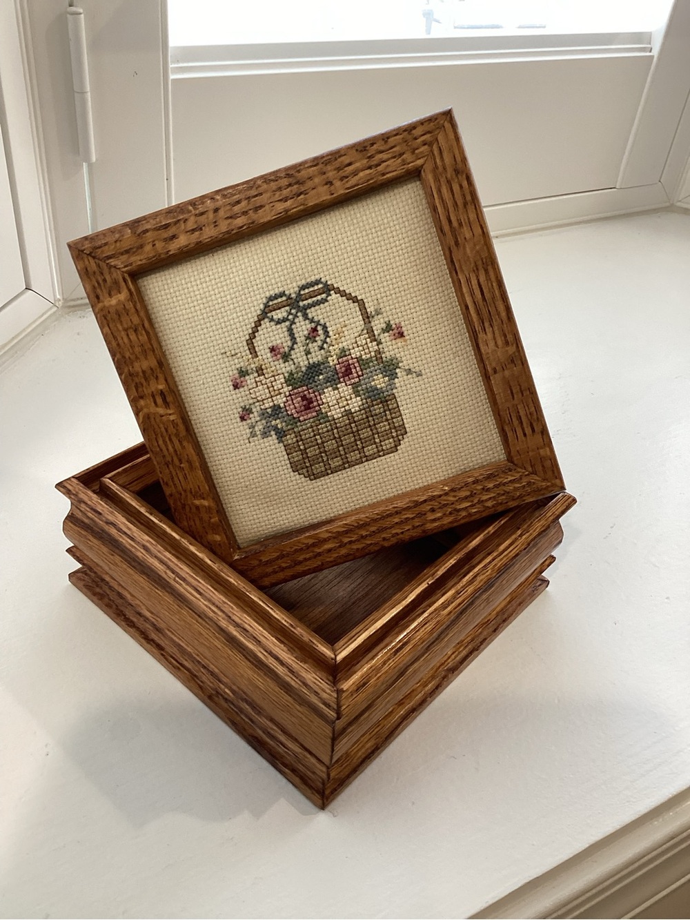 Wood Frame Cross-Stitch Floral Basket Wall Art - Brown